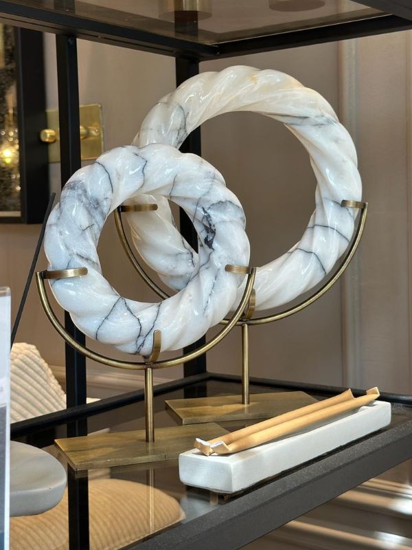 White Marble Twisted Disk with Grey Veins – Decorative Object, Antique Brass Stand