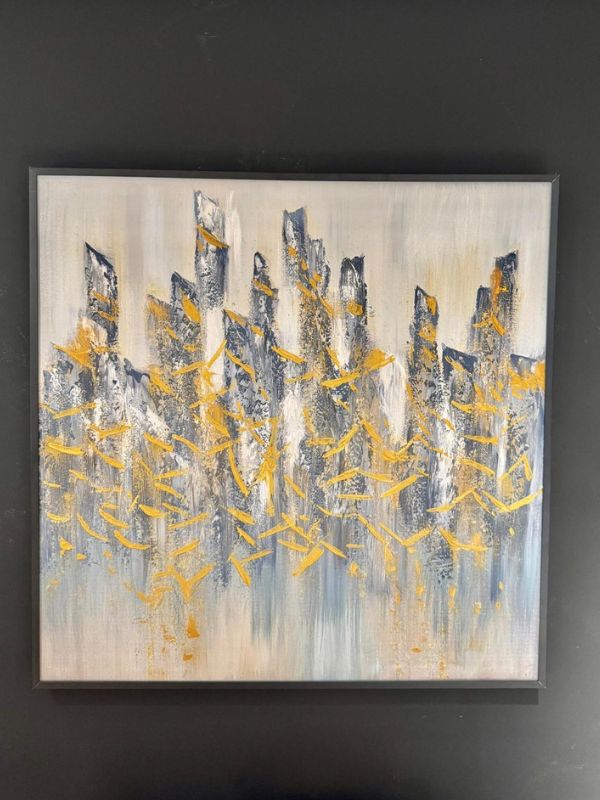 Golden City – Abstract Oil Painting on Canvas with Black Metal Frame, 70 × 70 cm
