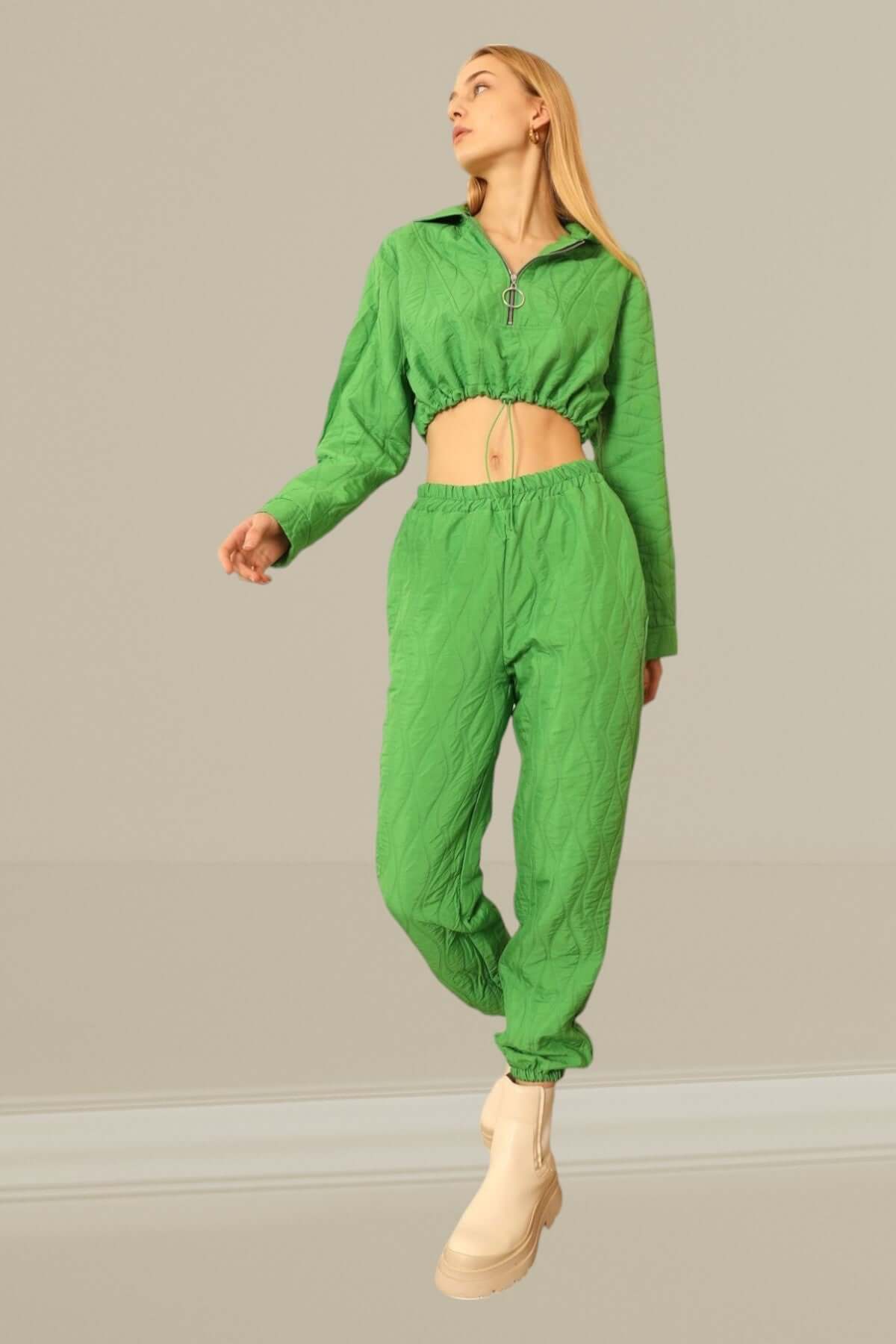 Quilted Cropped Bottom Tracksuit - Green
