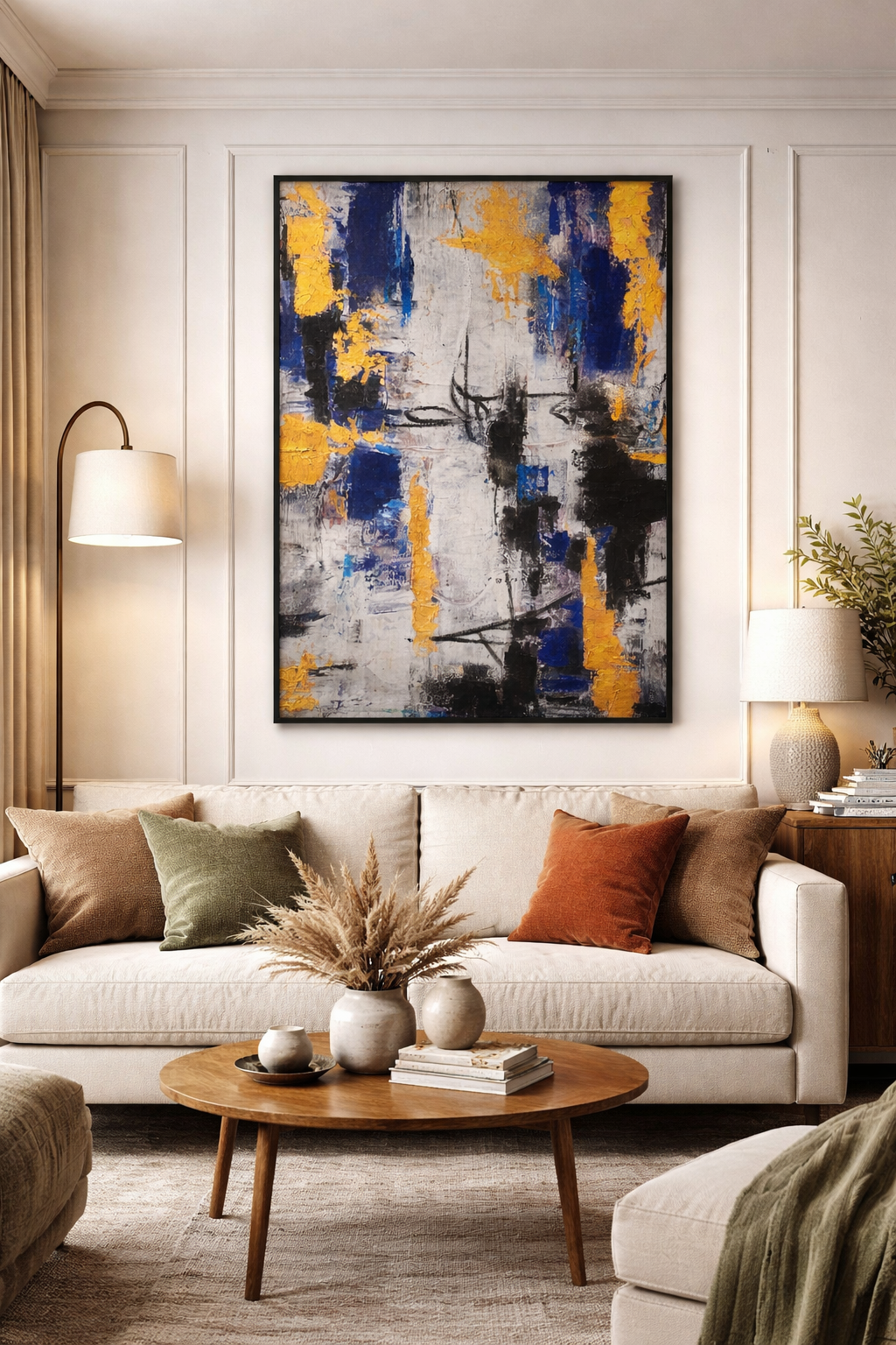 Blue & Yellow Layers – Canvas with Black Metal Frame