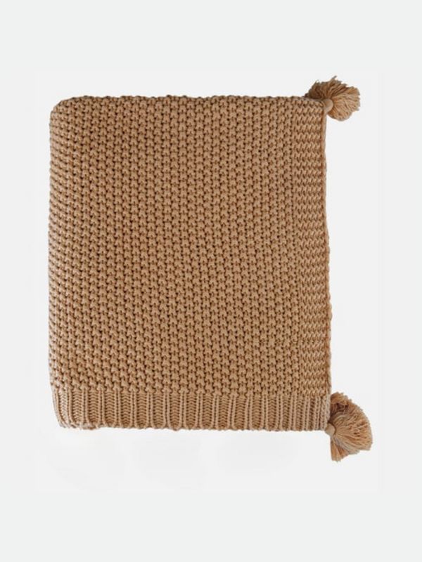 Camel Knitted Throw Blanket with Tassels – Soft Textured Single Sofa Throw (130 x 170 cm)