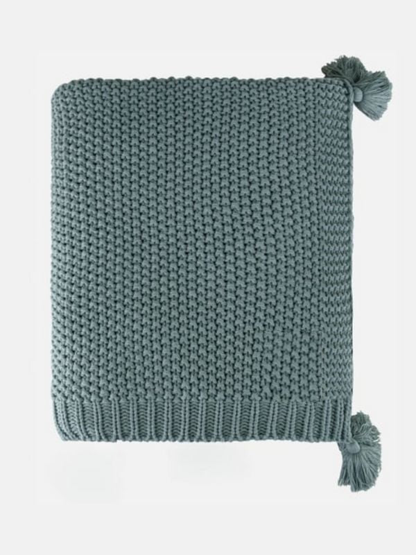 Sage Knitted Throw Blanket with Tassels – Soft Textured Single Sofa Throw (130 x 170 cm)