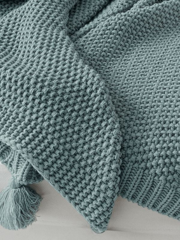 Sage Knitted Throw Blanket with Tassels – Soft Textured Single Sofa Throw (130 x 170 cm)