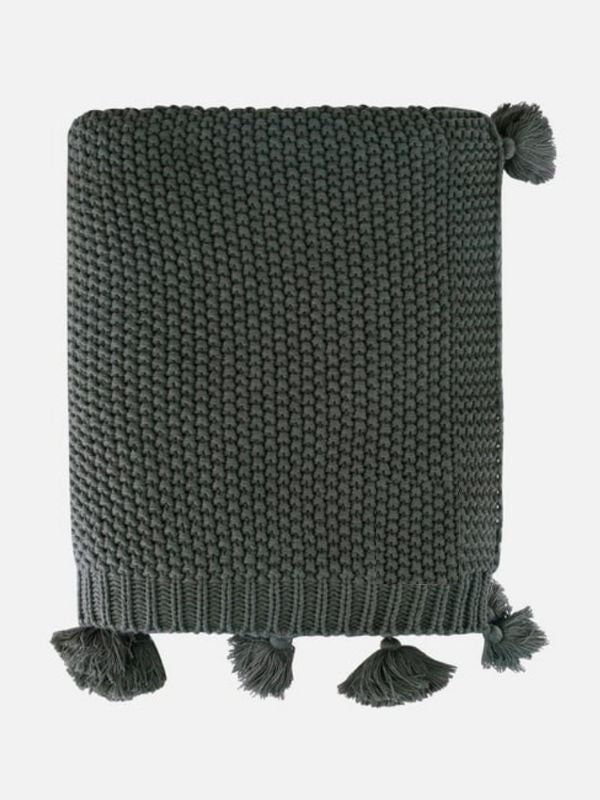Khaki Knitted Throw Blanket with Tassels – Soft Textured Single Sofa Throw (130 x 170 cm)