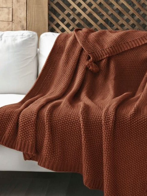 Rust Knitted Throw Blanket with Tassels – Soft Textured Single Sofa Throw (130 x 170 cm)