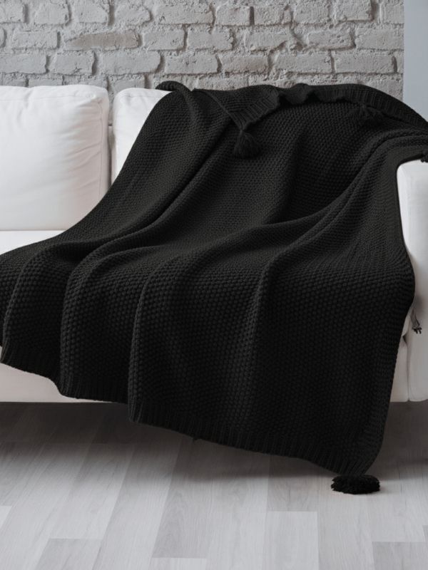 Black Knitted Throw Blanket with Tassels – Soft Textured Single Sofa Throw (130 x 170 cm)