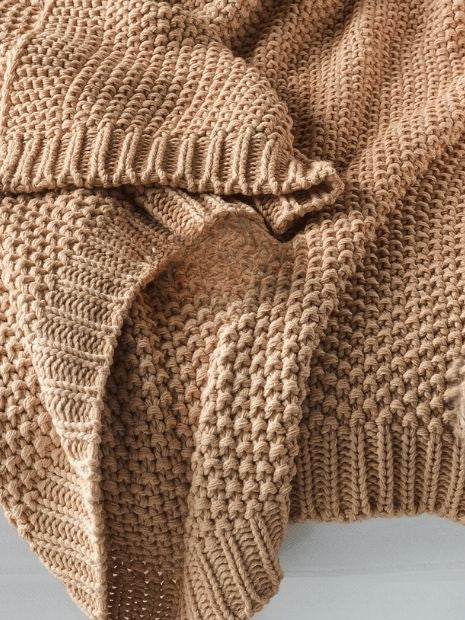 Camel Knitted Throw Blanket with Tassels – Soft Textured Single Sofa Throw (130 x 170 cm)