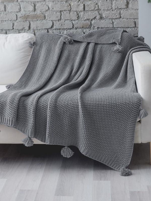 Grey Knitted Throw Blanket with Tassels – Soft Textured Single Sofa Throw (130 x 170 cm)