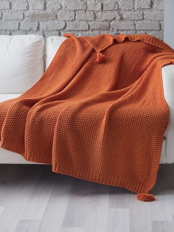 Orange Knitted Throw Blanket with Tassels – Soft Textured Single Sofa Throw (130 x 170 cm)