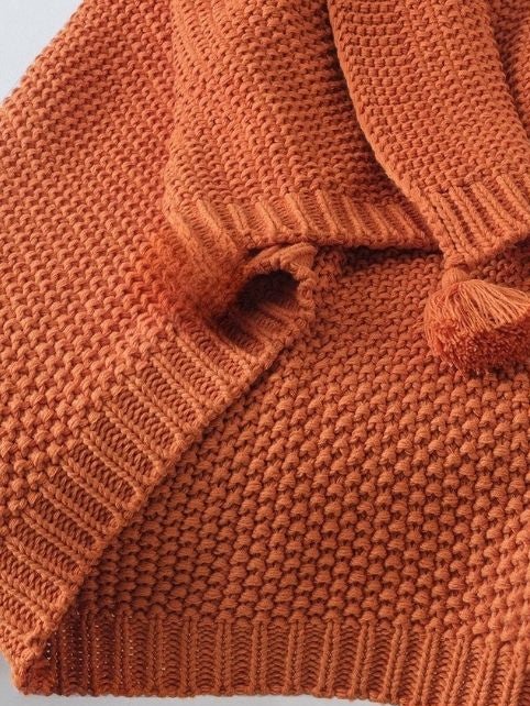 Orange Knitted Throw Blanket with Tassels – Soft Textured Single Sofa Throw (130 x 170 cm)