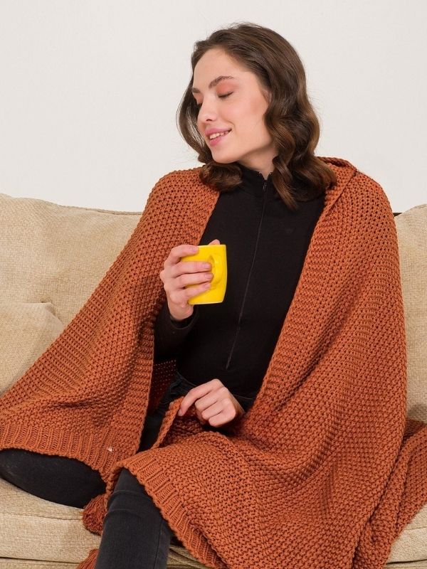 Orange Knitted Throw Blanket with Tassels – Soft Textured Single Sofa Throw (130 x 170 cm)