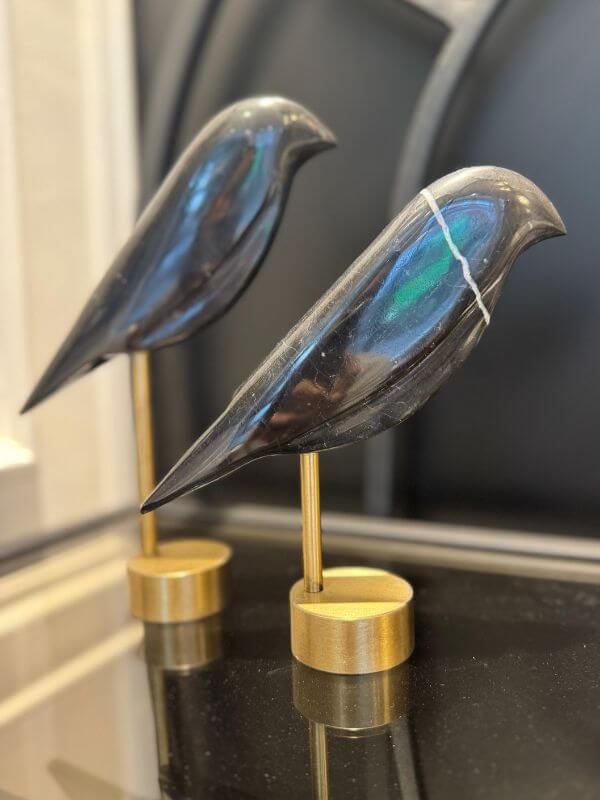 Black Marble Bird with White & Grey Veins – Decorative Object, Antique Brass Stand