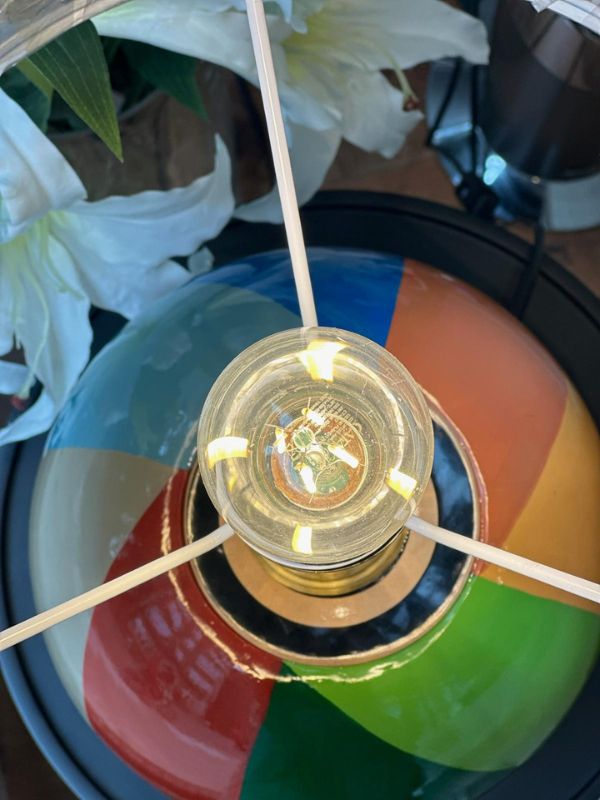 Round multicolor ceramic table lamp ideal for living room, console or bedside décor