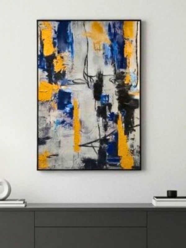 Blue & Yellow Layers – Canvas with Black Metal Frame