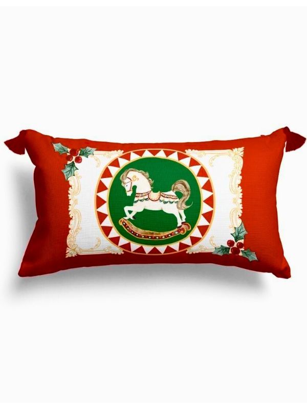 Festive Rocking Horse Tassel Cushion – 30x50 cm | Red & Green