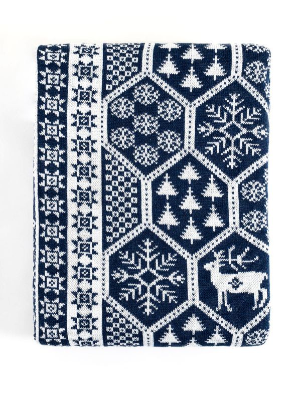 Winter Reindeer Knit Throw – Navy Blue (130x170 cm)