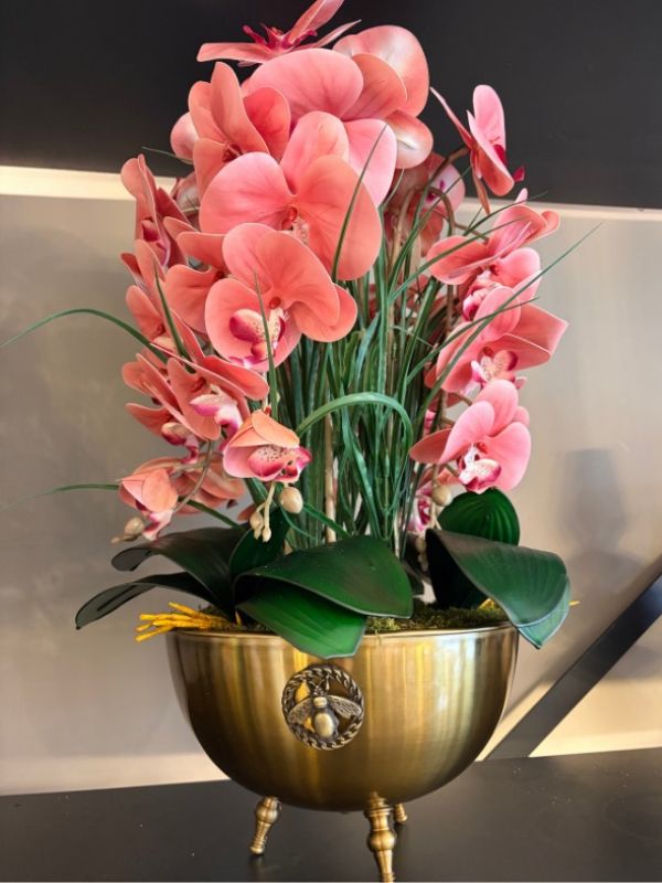 Pink Orchid Arrangement – Premium Decorative Design with Brass-Finish Bowl