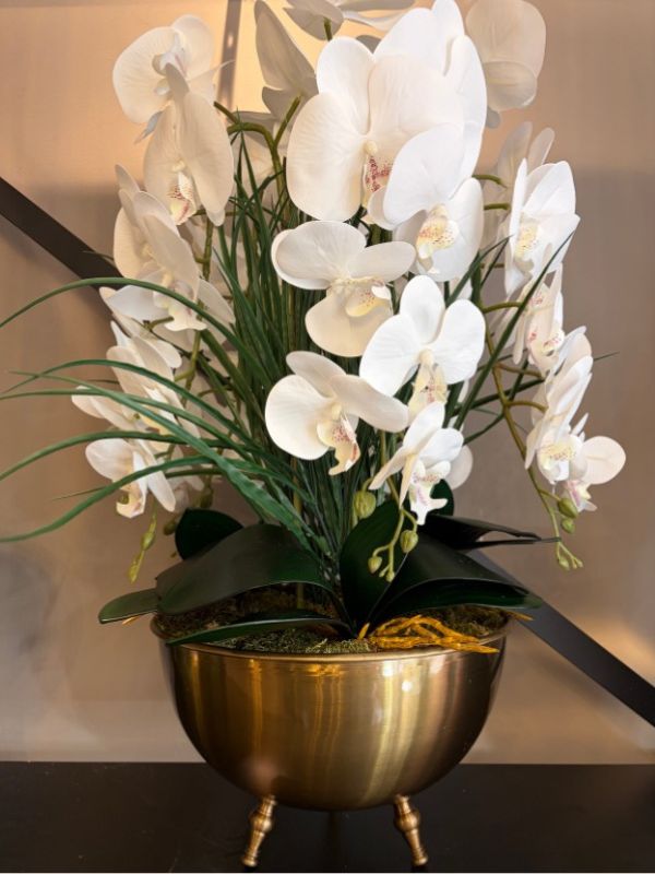 Premium White Orchid Arrangement – Brass-Finish Bowl Decorative Faux Floral Design