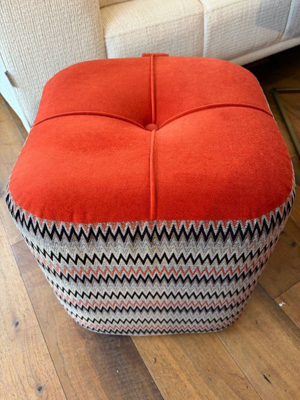 Velvet Cube Pouf – Orange & Multi Zigzag Fabric Accent (43 x 40 cm)