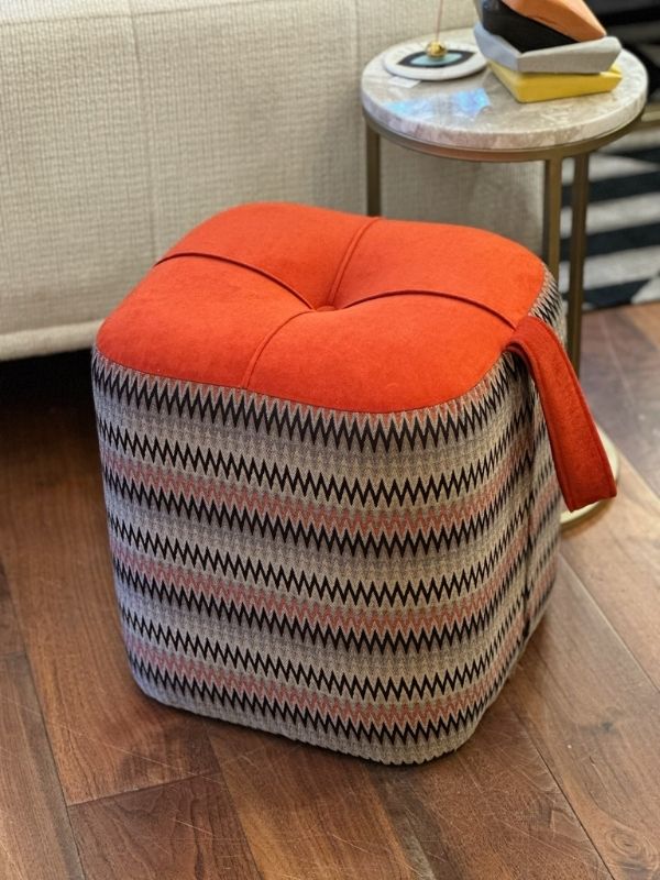 Velvet Cube Pouf – Orange & Multi Zigzag Fabric Accent (43 x 40 cm)
