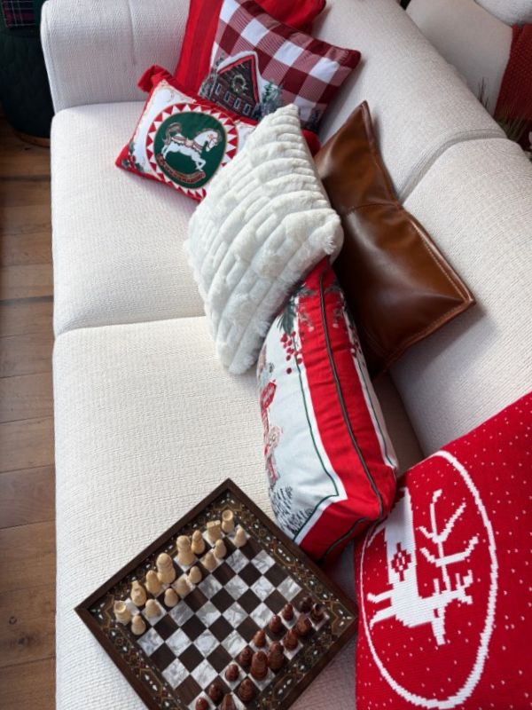 Winter Village Scene Cushion – 30x50 cm | Festive Red