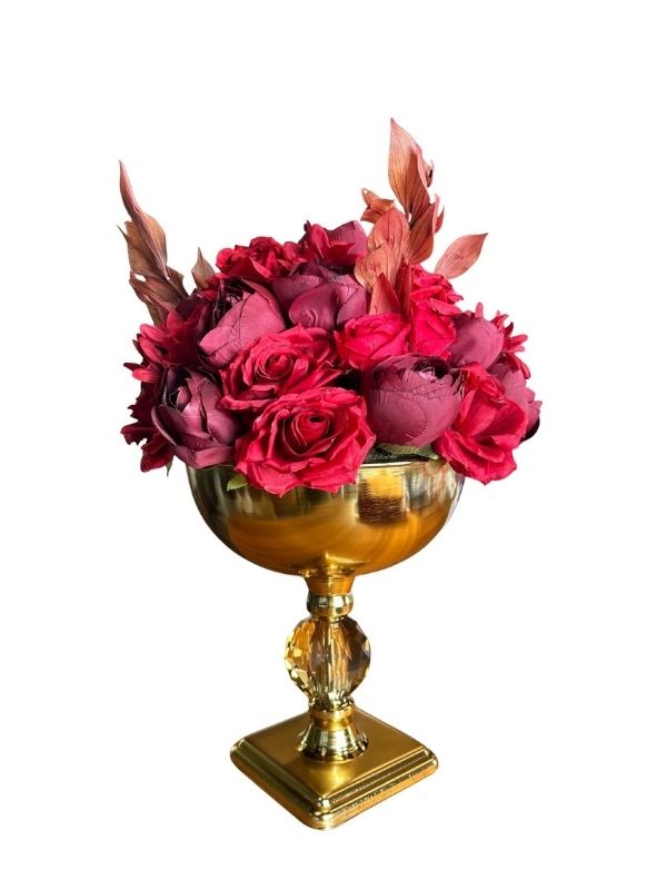 Gold Metal Pedestal Vase with Red Rose Artificial Flower Arrangement