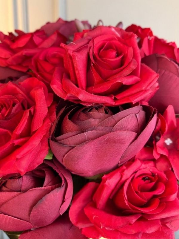 Gold Metal Pedestal Vase with Red Rose Artificial Flower Arrangement