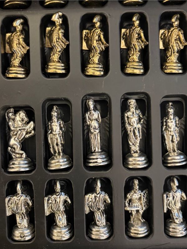 Handmade Mother-of-Pearl Chess Set – Brass & Chrome Pieces (25 x 25 cm)