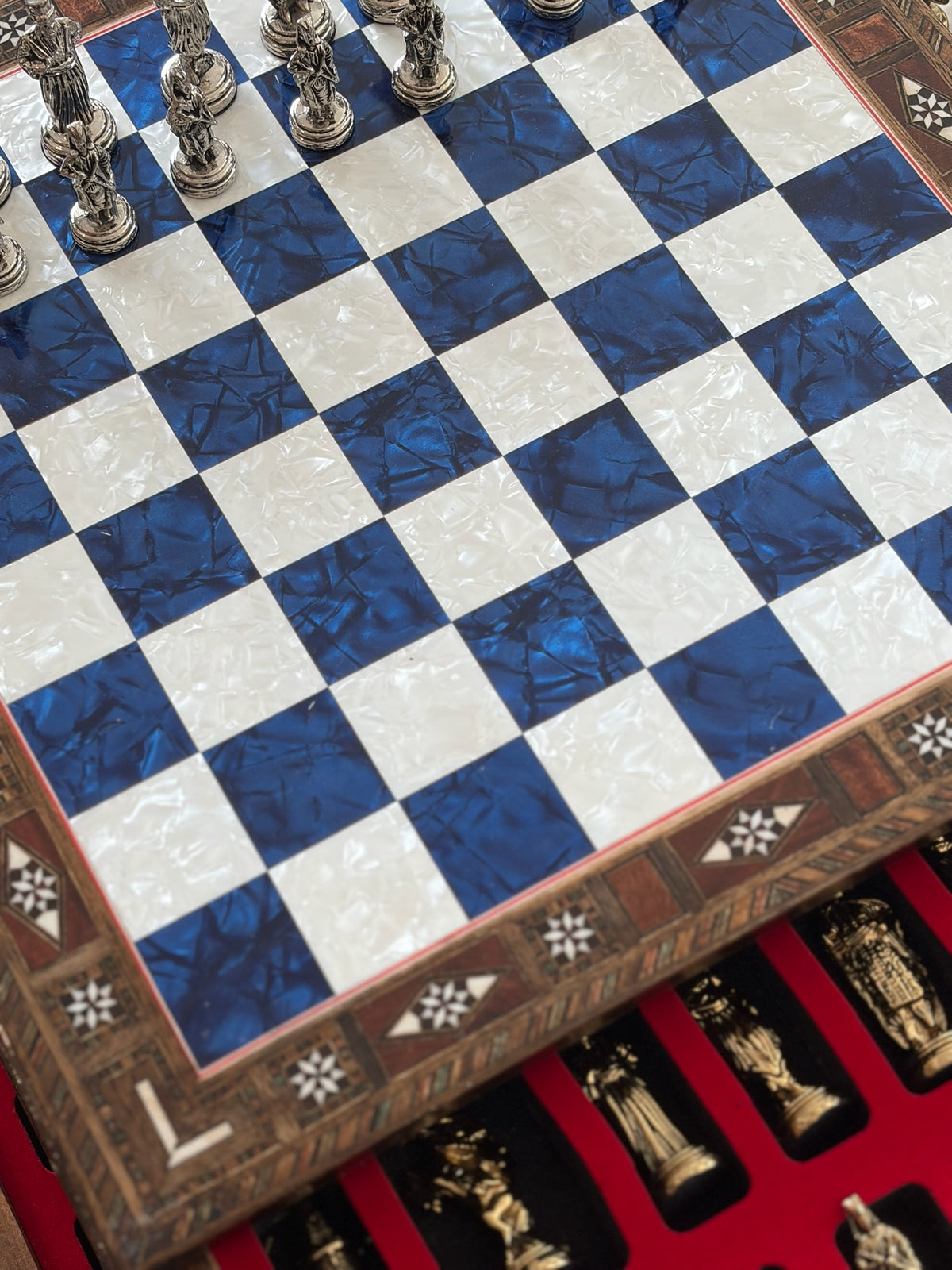 Large Blue Mother-of-Pearl Wooden Chess Set