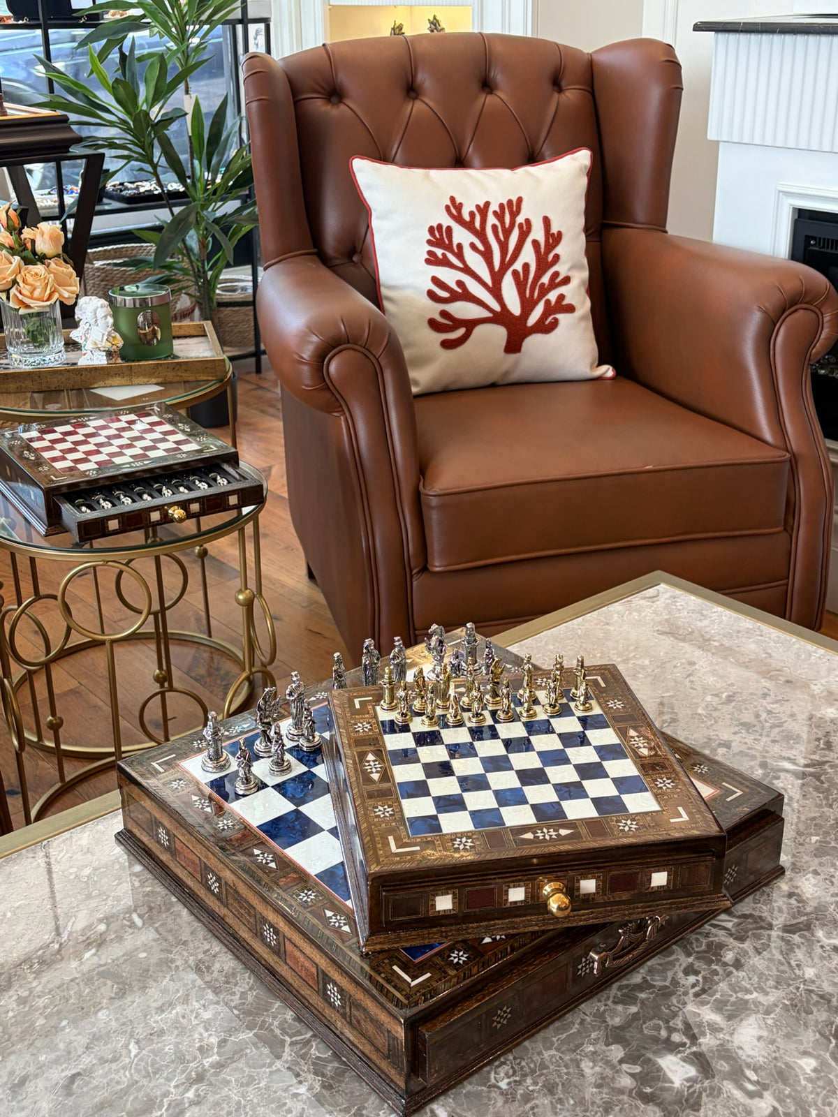 Large Blue Mother-of-Pearl Wooden Chess Set