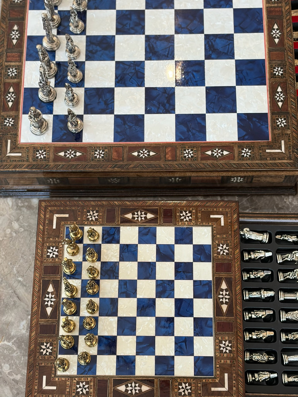Large Blue Mother-of-Pearl Wooden Chess Set