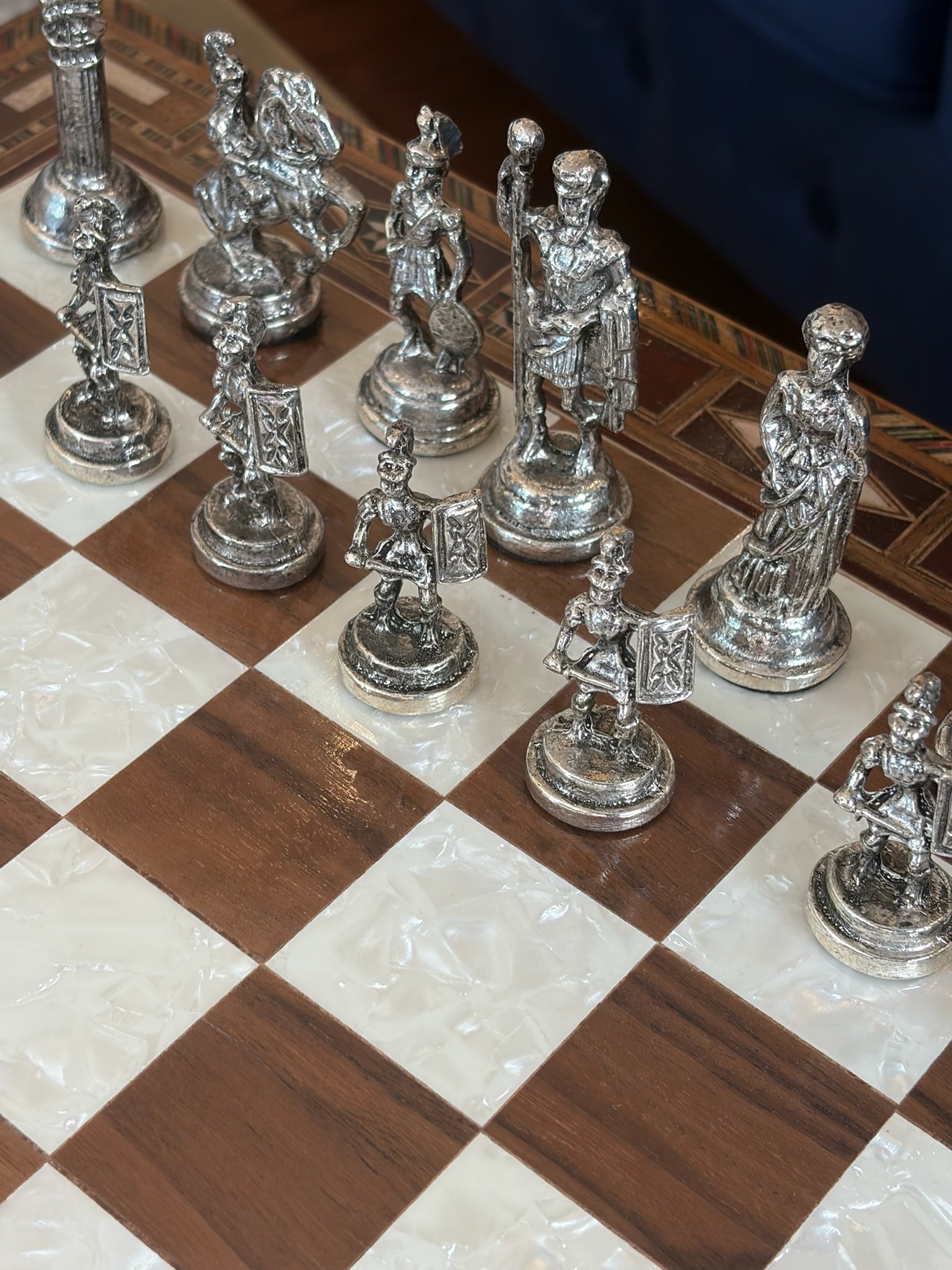 Large Brown Mother-of-Pearl Wooden Chess Set
