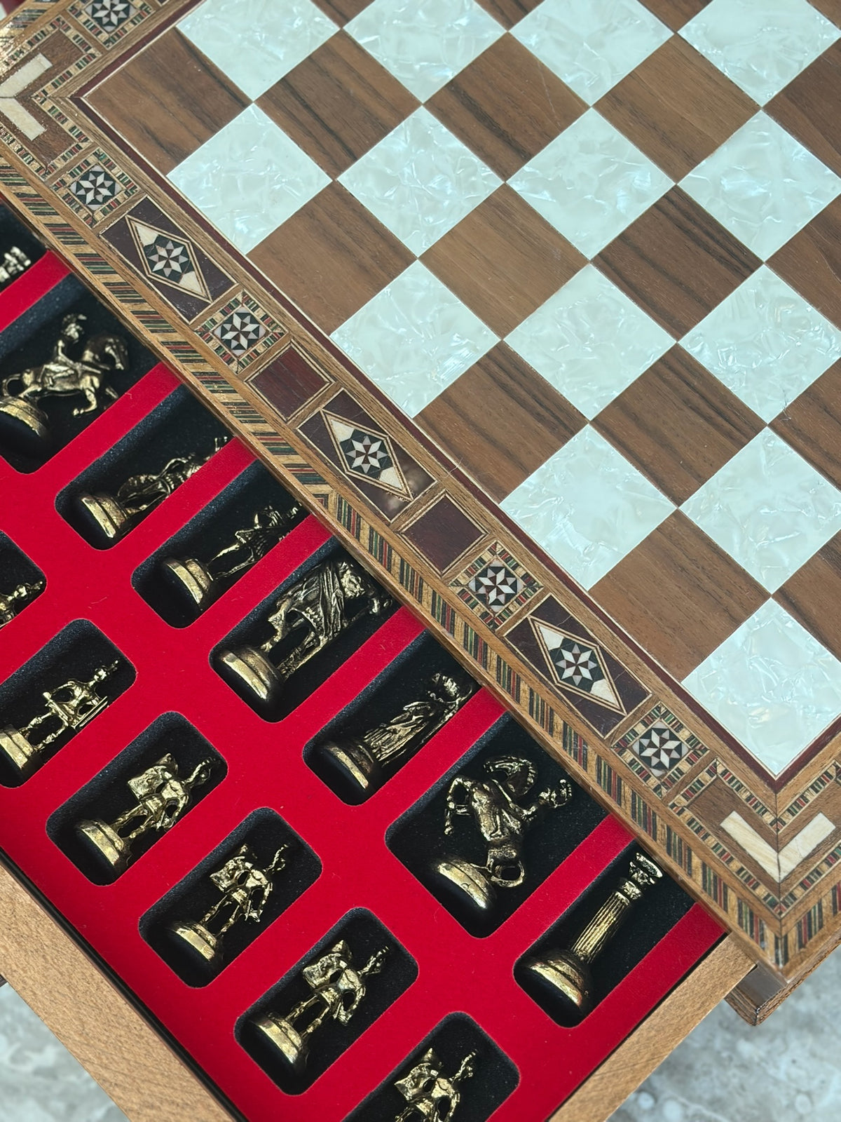 Large Brown Mother-of-Pearl Wooden Chess Set