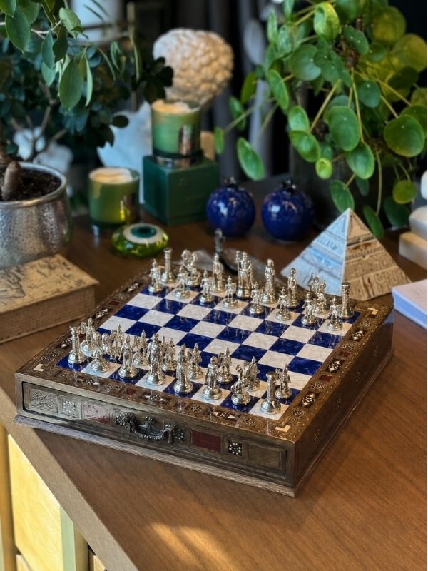 Large Blue Mother-of-Pearl Wooden Chess Set