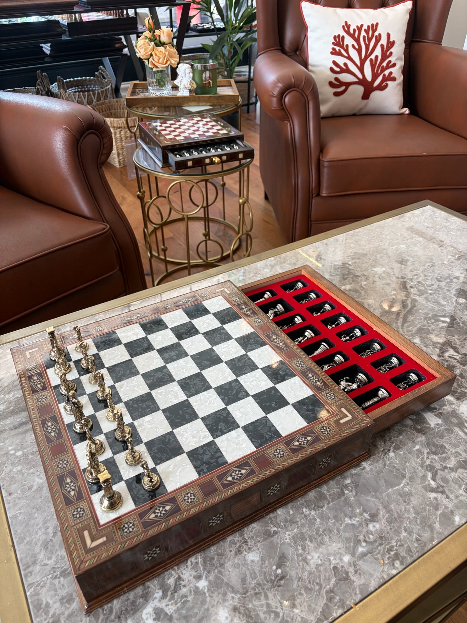 Large Black Mother-of-Pearl Wooden Chess Set
