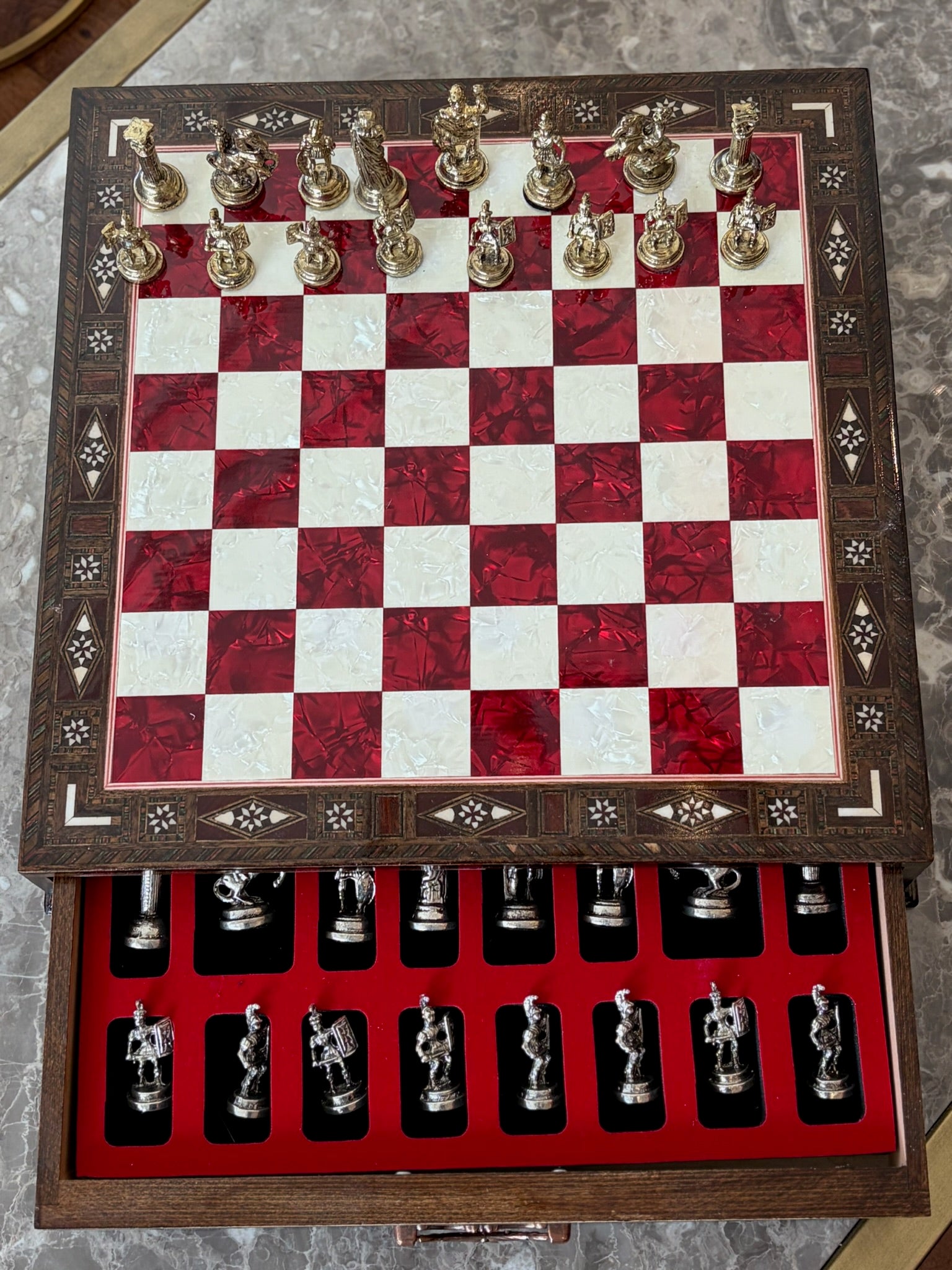 Large Red Mother-of-Pearl Wooden Chess Set