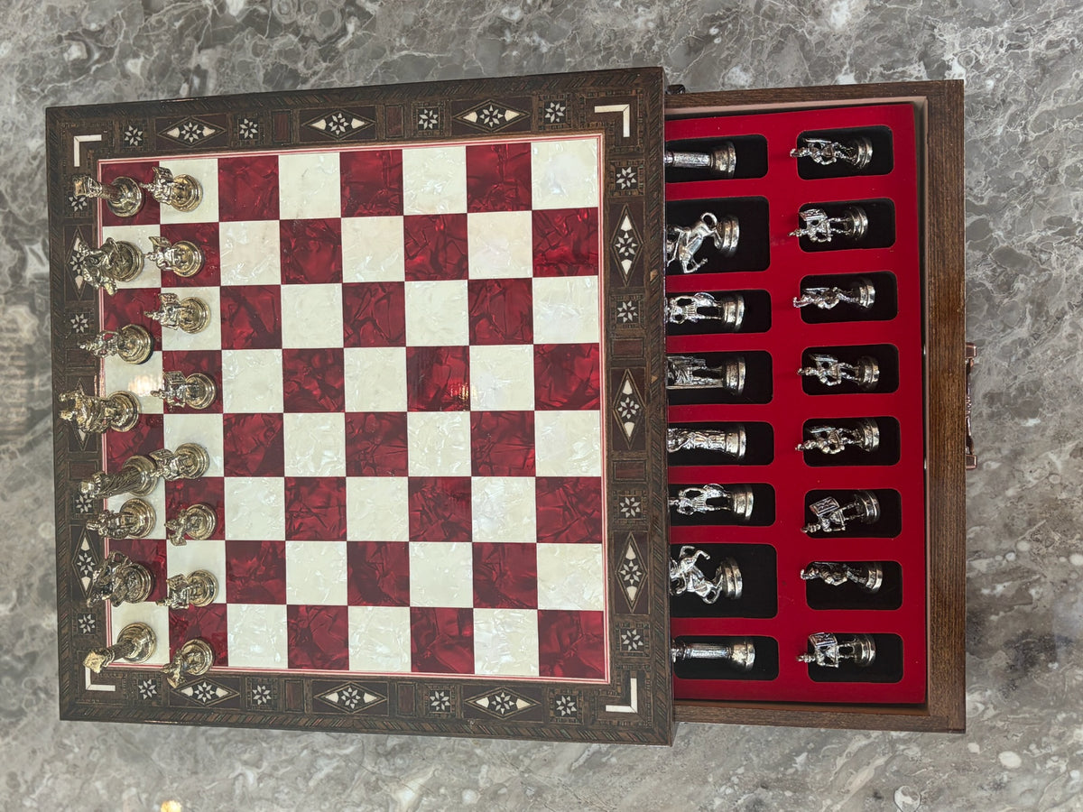 Large Red Mother-of-Pearl Wooden Chess Set