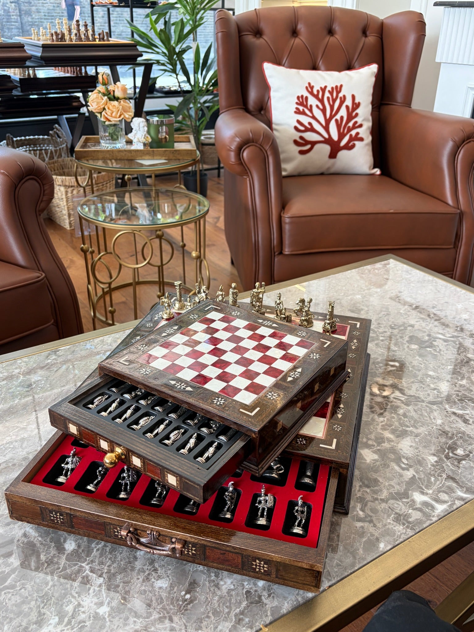 Small Red Mother-of-Pearl Wooden Chess Set