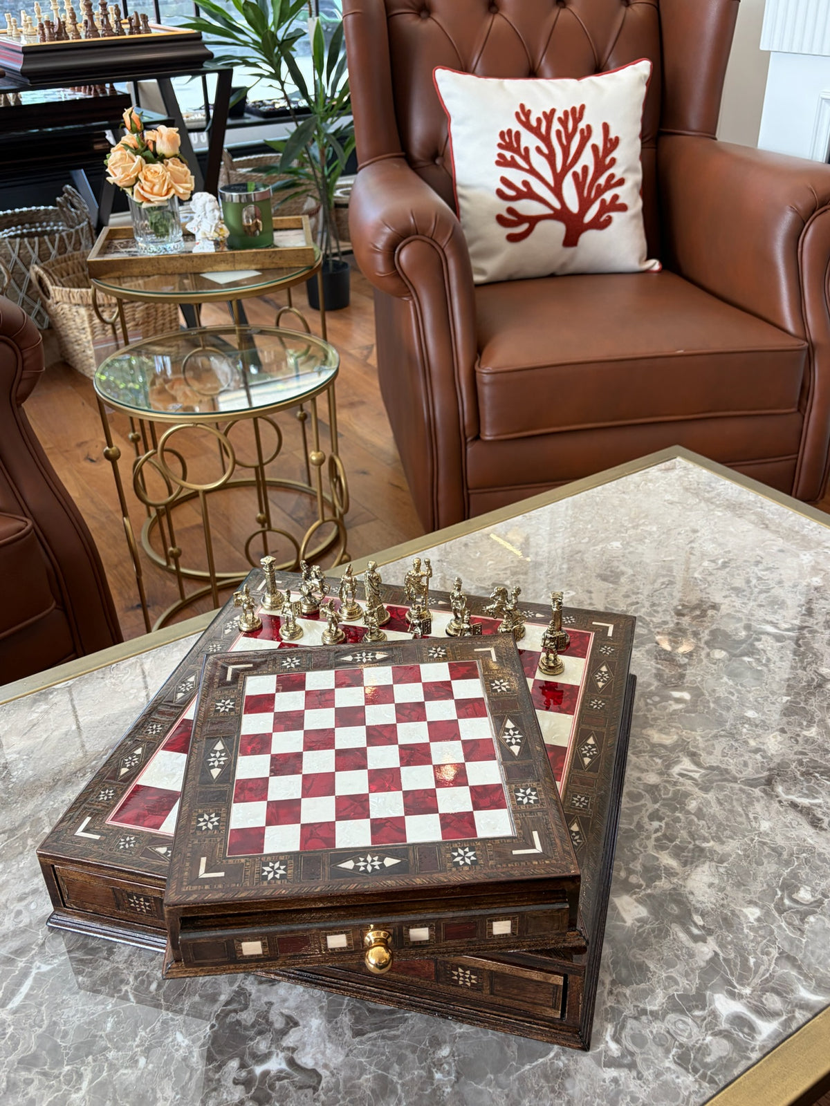 Small Red Mother-of-Pearl Wooden Chess Set