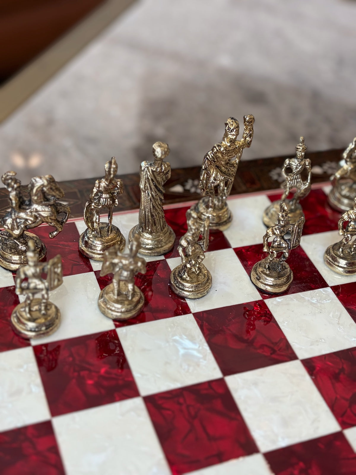 Large Red Mother-of-Pearl Wooden Chess Set