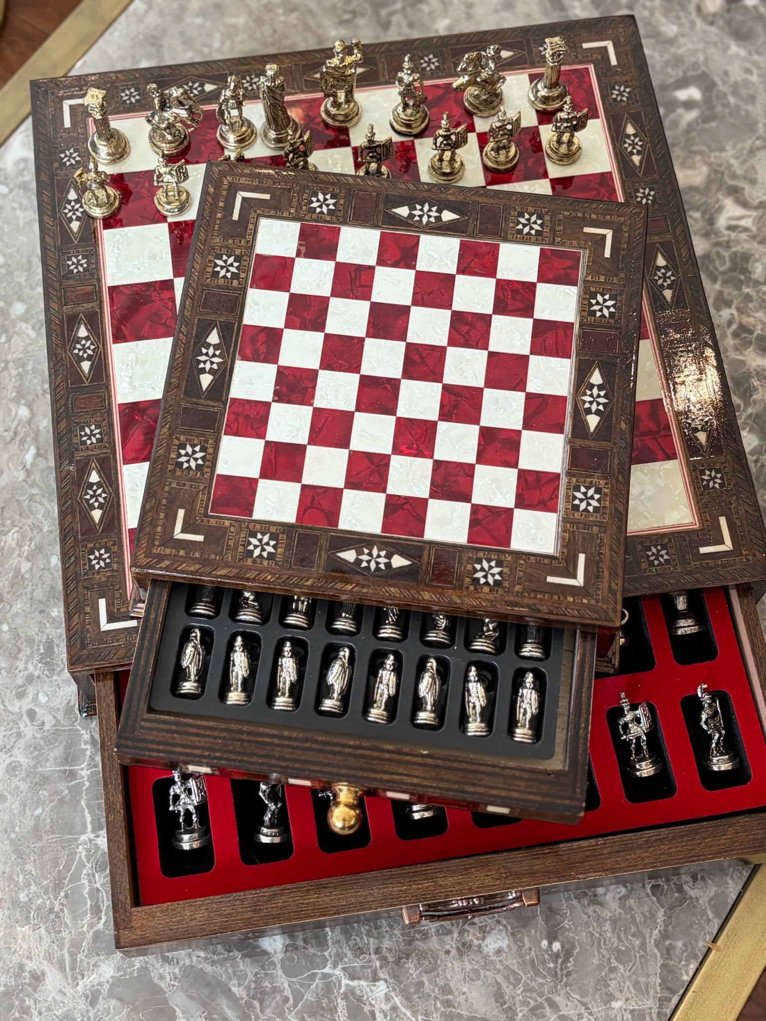 Large Red Mother-of-Pearl Wooden Chess Set