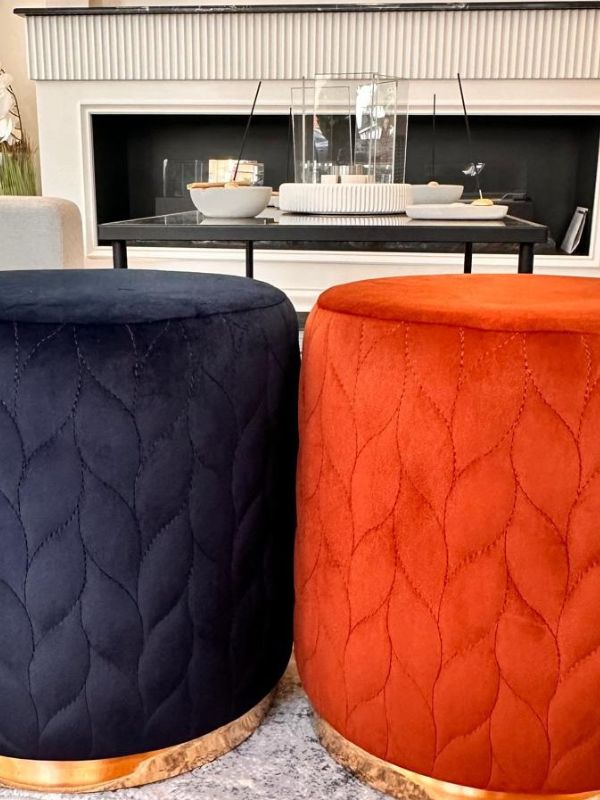 Leaf Patterned Velvet Ottoman – Sculptural Seating Accent