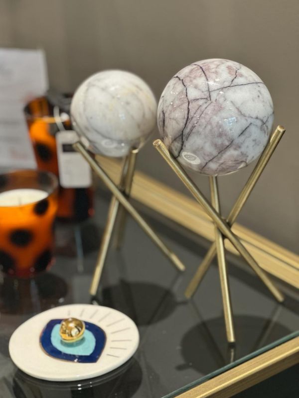 White Marble Decorative Globe with Lilac Veins – 3-Legged Stand, Antique Brass Finish