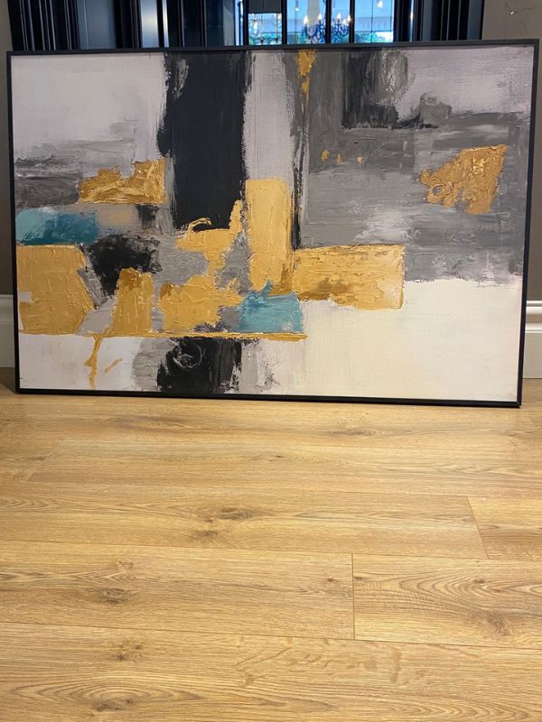 Golden Silence – Abstract Oil Painting on Canvas with Black Metal Frame, 80 × 120 cm