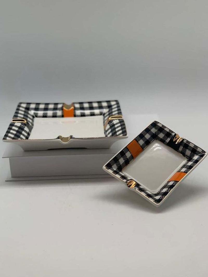 Orange Detailed Checkered Ashtray Set of Two