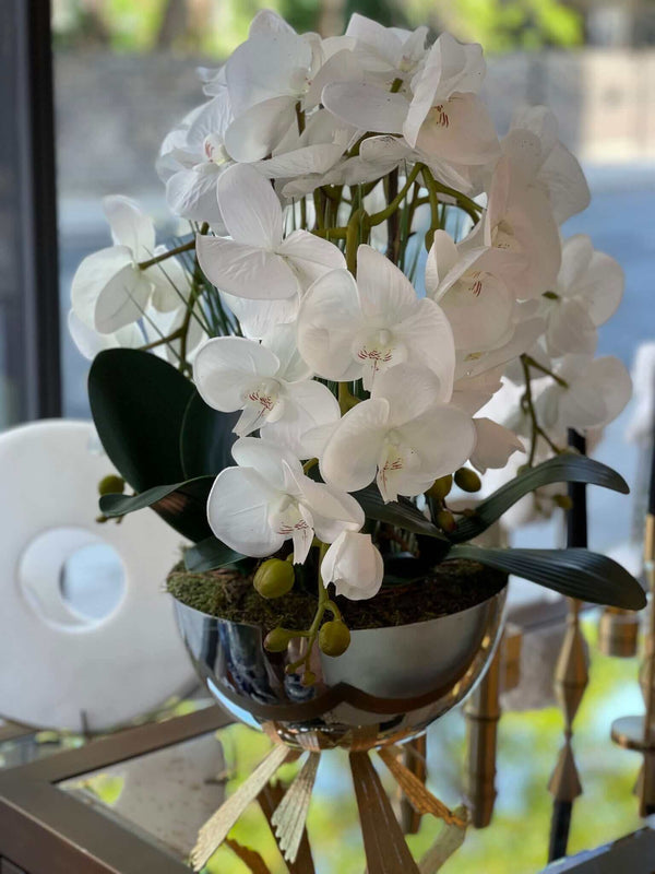 Artificial White Orchid in Chrome Vase