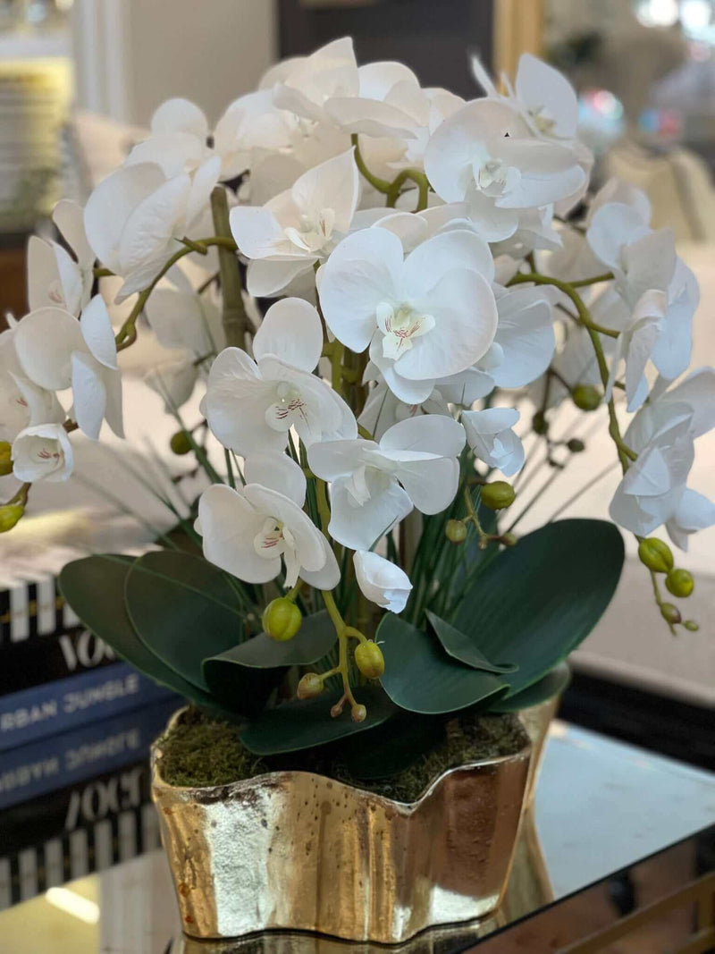Artificial White Orchid in Gold Vase