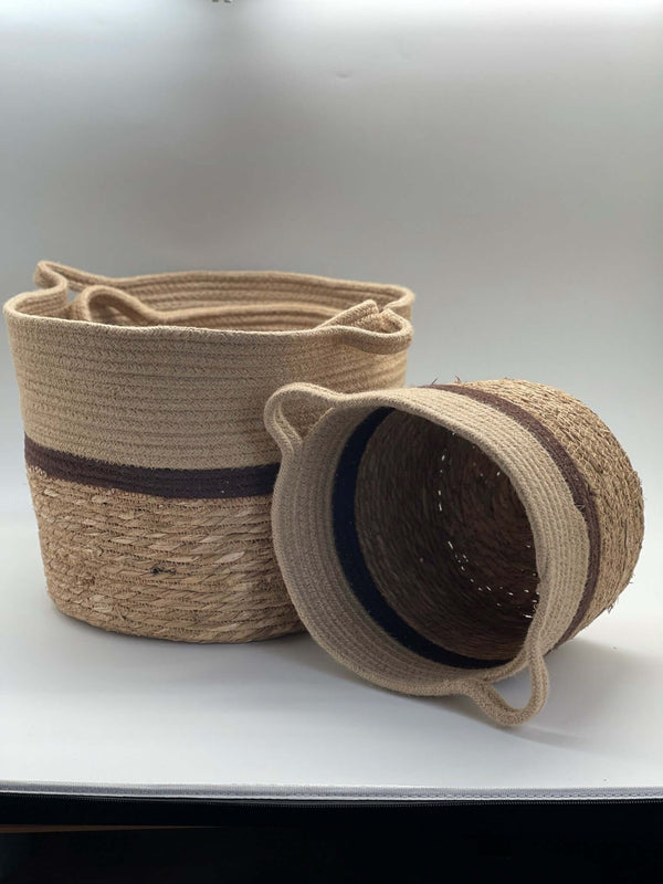 Coffee Striped Round Wicker Basket Set of Three